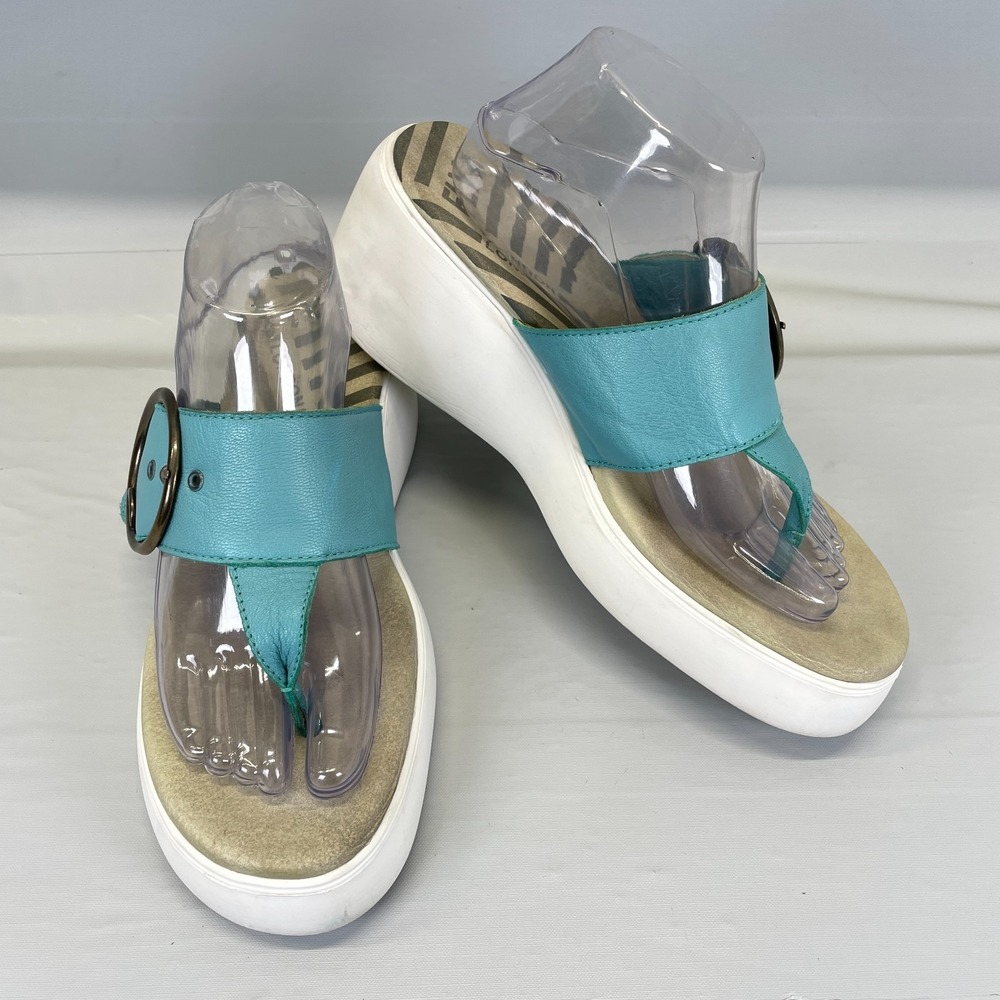 Fly London Dafi Wedge Sandals Womens Size 41 US 10 Blue Leather Buckle Shoes - Picture 2 of 10